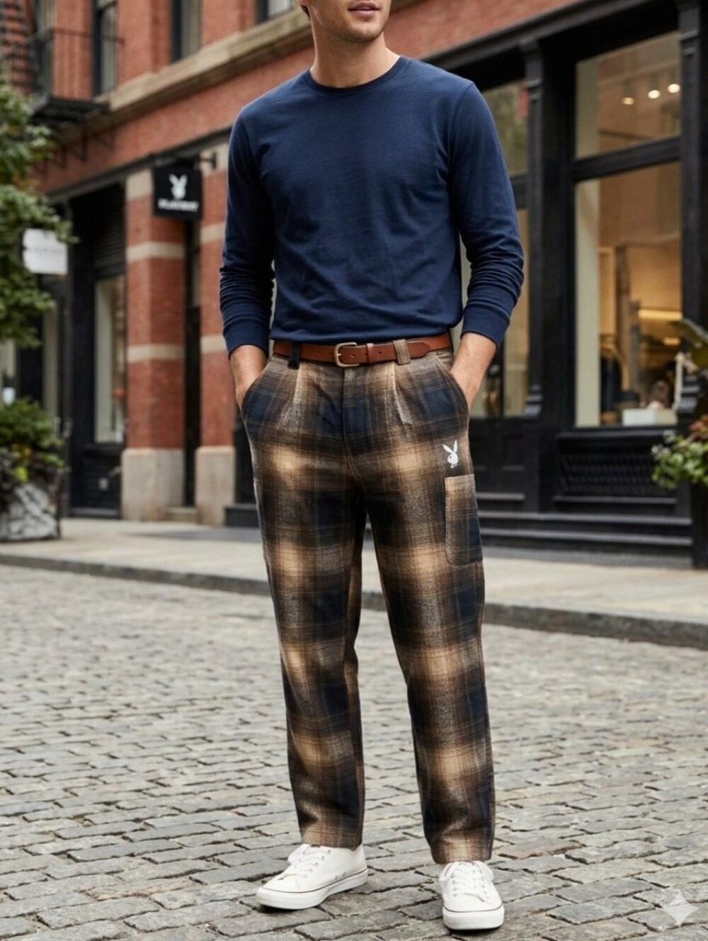 Playboy by PacSun Men's Brown Plaid Cotton Blend Straight Leg Pants Trousers 30